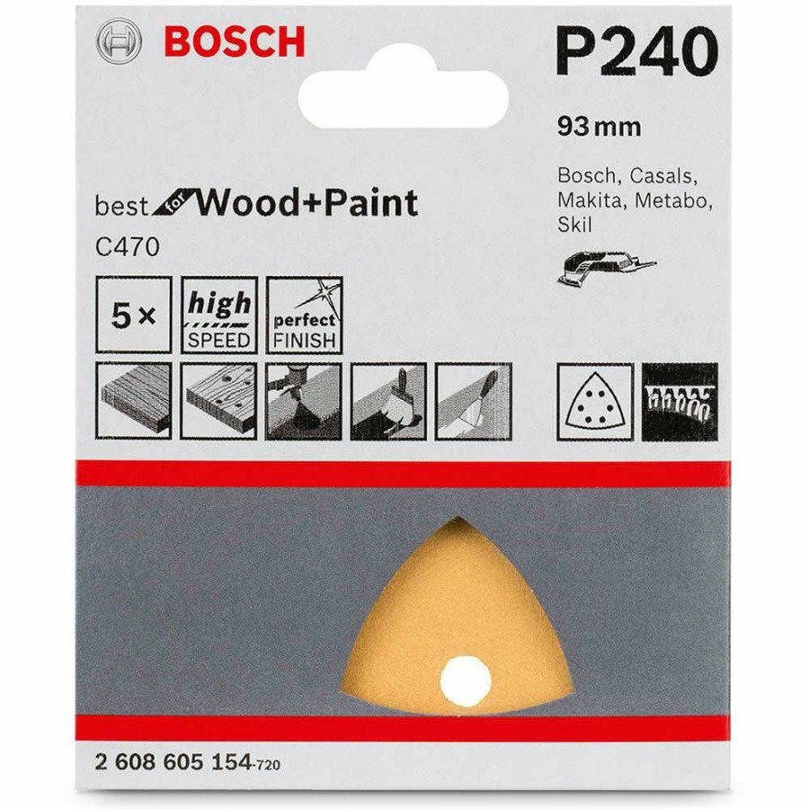 Home * | Best Price Bosch 93Mm 240-Grit 6-Hole Hook & Loop Delta Sanding Sheet For Wood & Paint C470 5 Piece