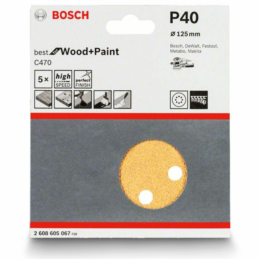 Home * | Discount Prices Bosch 125Mm 40-Grit 8-Hole Hook & Loop Sanding Disc For Wood & Paint C470 5 Piece