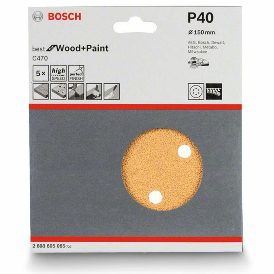 Home * | Absolute Quality Bosch 150Mm 40-Grit 6-Hole Hook & Loop Sanding Disc For Wood & Paint C470 5 Piece